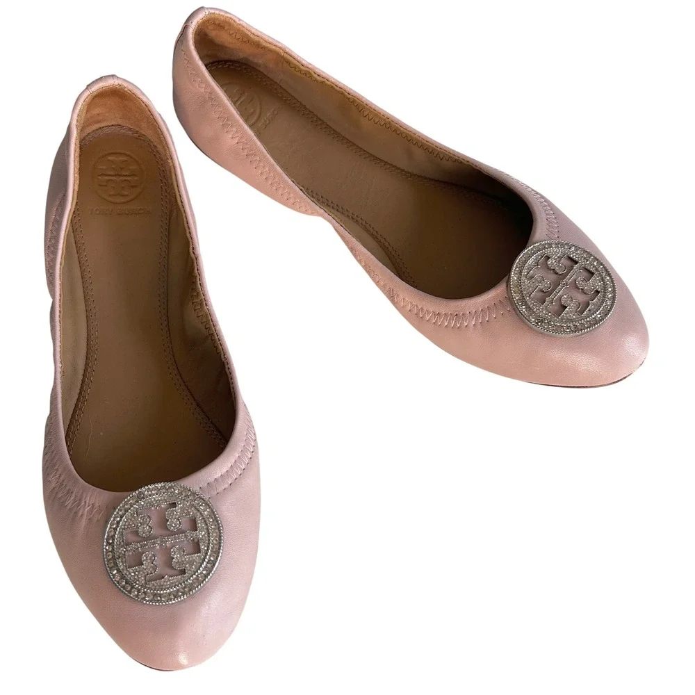 Tory Burch Minnie Travel Ballet Flats size 8 Pink Leather Crystal Medallion